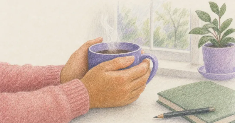 Hands cradling a warm mug by a bright window, steam rising