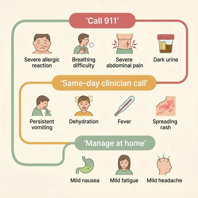 Decision tree showing when to call 911, when to call your clinician same-day, and when to manage Zepbound side effects at home