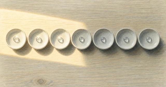 Row of seven small dishes with water droplets, the first lit and the last in shadow