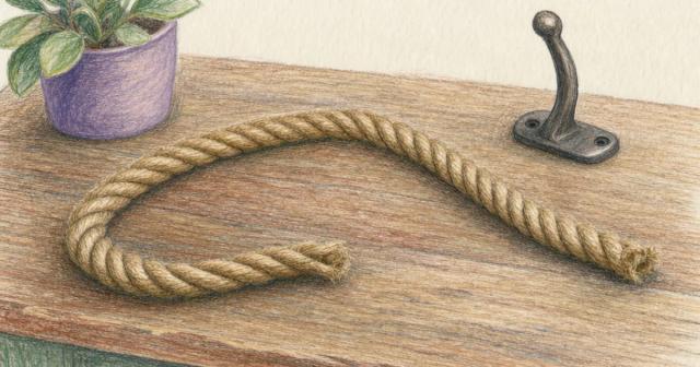 Thick rope lying loose and slack on a pale wooden table beside a small empty iron hook