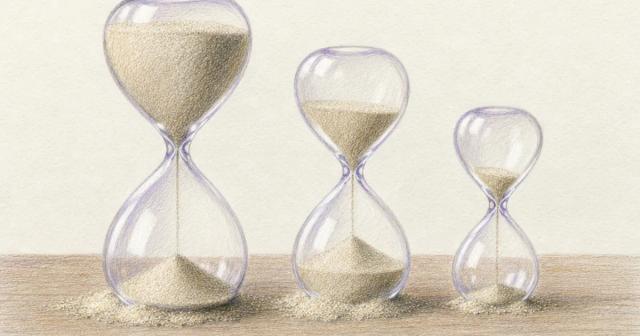 Three hourglasses of different sizes side by side, each with sand drained to a different level
