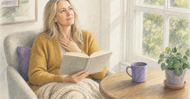 Woman under a blanket in an armchair at a sunlit nook table, pausing while reading