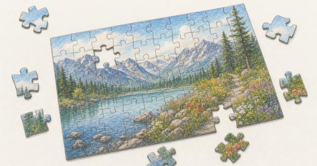 A mountain-lake jigsaw puzzle nearly complete, last pieces beside it
