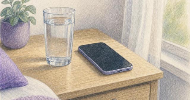 A full glass of water beside a phone on a nightstand