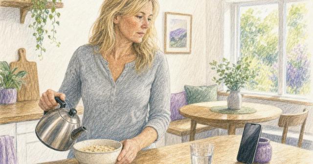 Woman pausing while making oatmeal at a sunlit nook table, looking at her propped phone