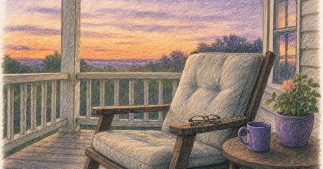 Empty reclining porch chair at dusk with reading glasses on the armrest