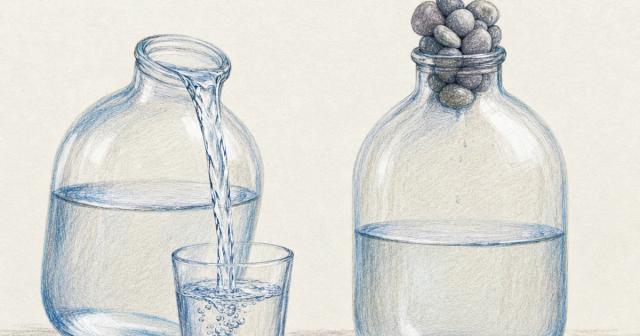 Two glass jars: one pouring water freely, the other blocked by pebbles in its narrow neck