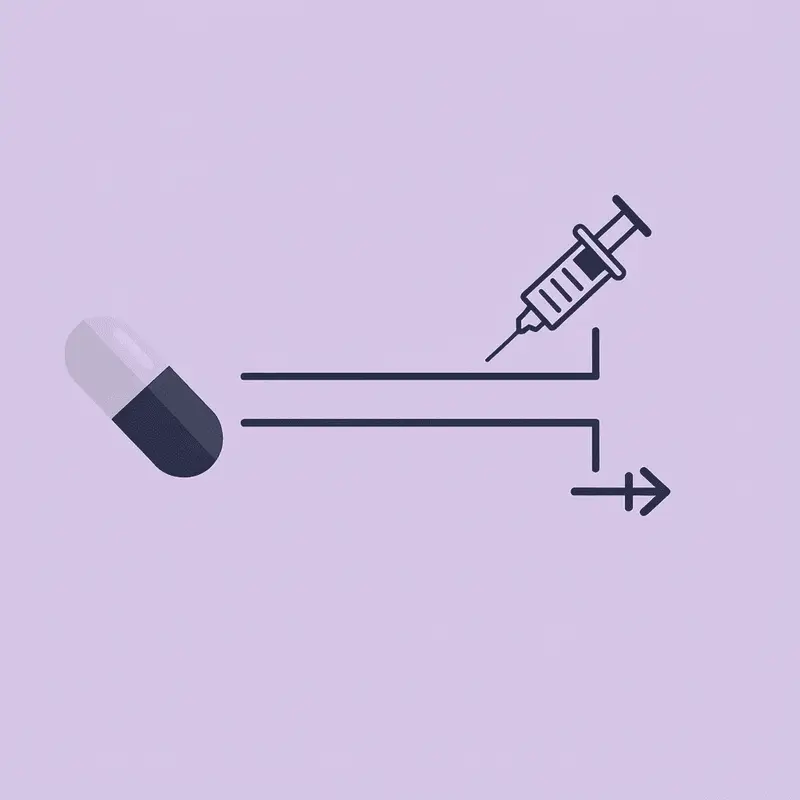 Decision point splitting into two paths: oral Wegovy (daily pill) and injectable Wegovy (weekly injection)