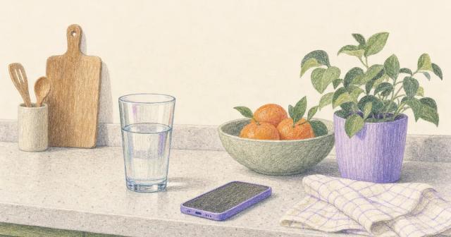 A glass of water and a phone on a sunlit kitchen counter