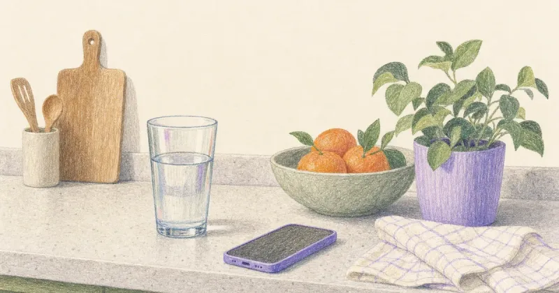 A glass of water and a phone on a sunlit kitchen counter
