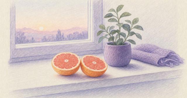 Two matching citrus halves paired together in quiet sunrise light