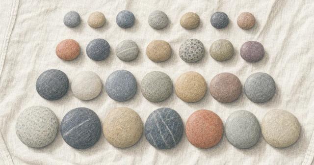 Four rows of round stones on linen, each row larger than the one above it