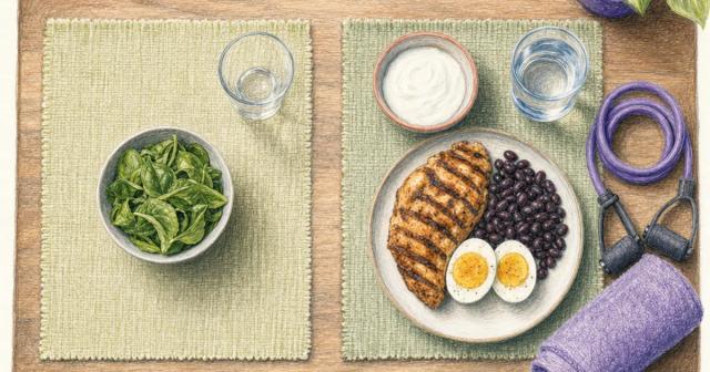 Overhead view of two table settings, one sparse and one with protein foods and a resistance band