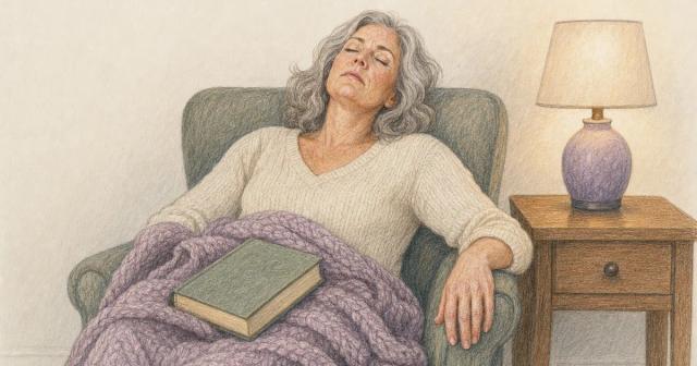 Woman in an armchair lets her open book fall to her lap and rests her head back, eyes closed