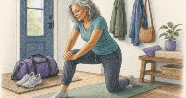 Person stretching on a mat in a home entryway beside a packed gym bag
