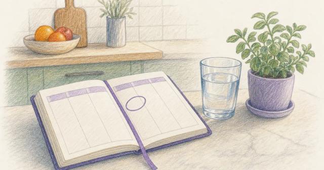 Open weekly planner with one day circled beside water and a herb