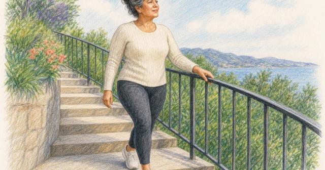 Woman climbing outdoor stairs with an easy, unlabored stride