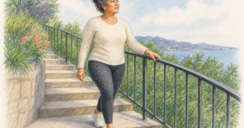 Woman climbing outdoor stairs with an easy, unlabored stride