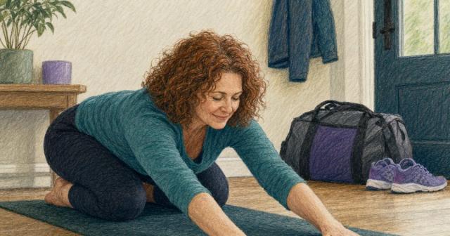 Person stretching on a mat in a home entryway next to a packed bag and sneakers