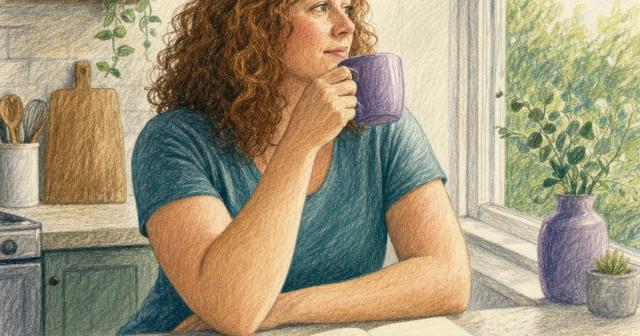 Woman pausing with a mug at a sunlit kitchen counter beside a notebook sketch of circles