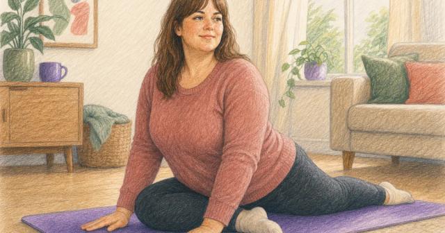 Woman doing a gentle stretch on a floor mat in a sunlit room