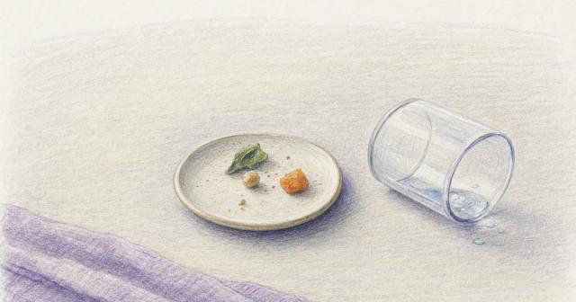 A near-empty plate and tipped water glass on a wide bare table