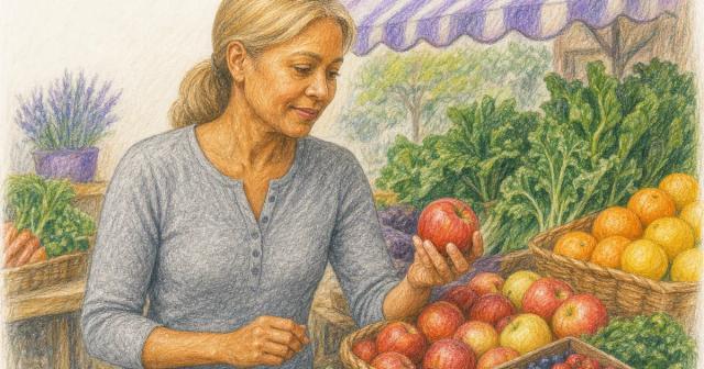 Woman choosing fresh produce at an outdoor market stall
