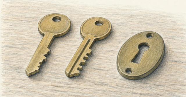 Two brass keys with different tooth patterns beside a plain lock plate on wood