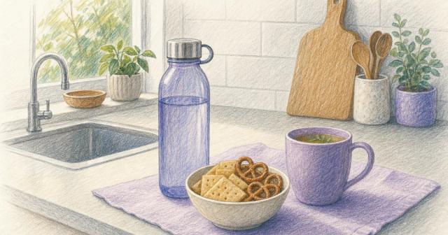 A filled water bottle, crackers, and tea set out on a kitchen counter.