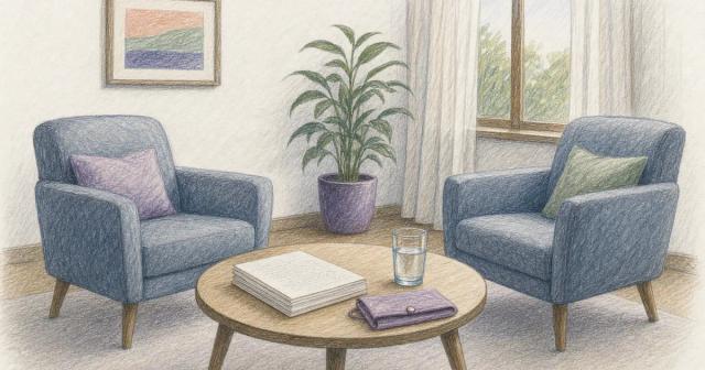 Empty consultation room with two chairs facing each other and notes on a low table
