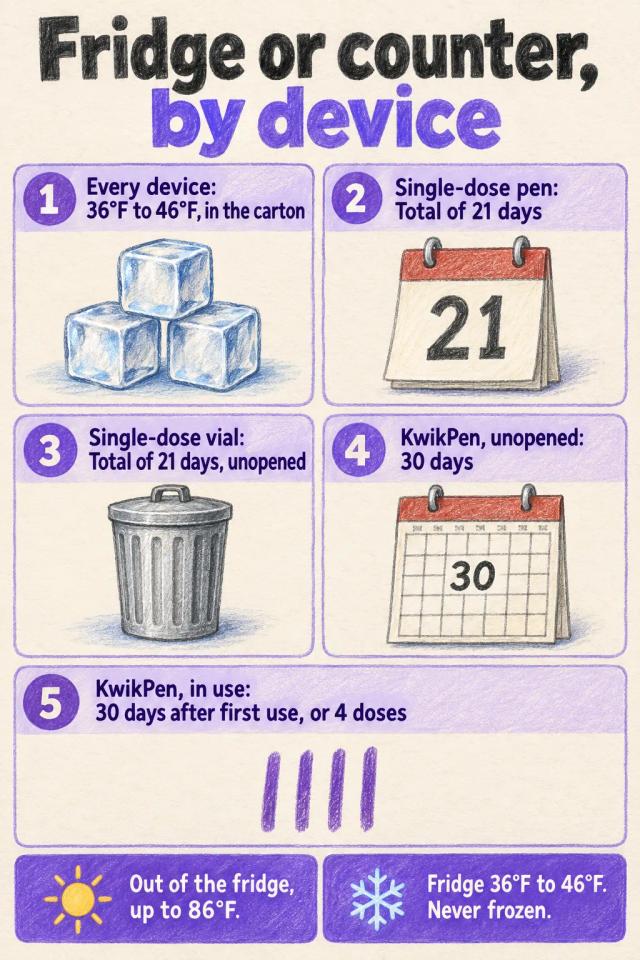 Chart of the fridge range and the days out of the fridge for each Zepbound device.