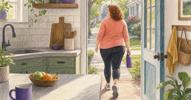 Person walking out onto a neighborhood path past a sunlit kitchen counter