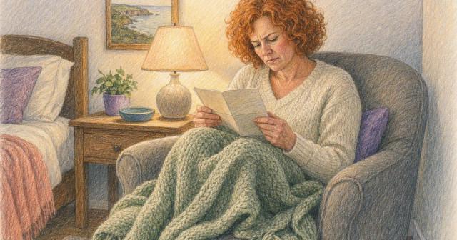 Person reading a booklet in an armchair under a blanket beside a lit nightstand lamp