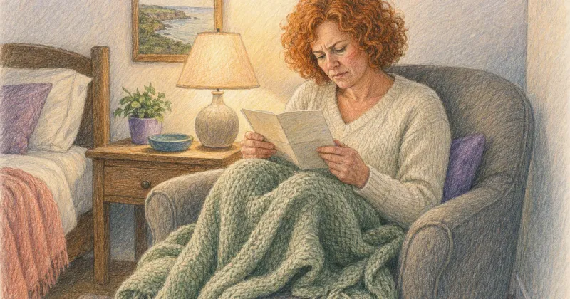 Person reading a booklet in an armchair under a blanket beside a lit nightstand lamp