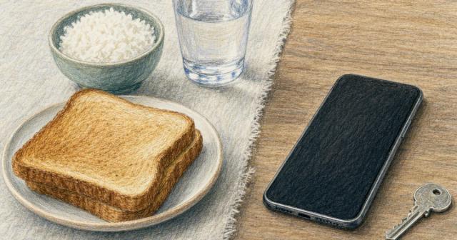 Toast, rice and water on folded linen beside a bare wood half holding only a phone and one key