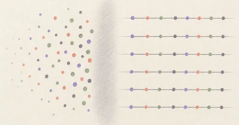 Hand-drawn diagram contrasting scattered fading dots with dots aligned on a steady line