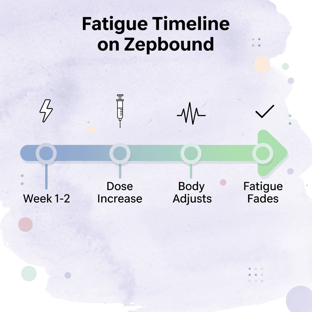 Arrow progression showing Zepbound fatigue timeline from early weeks through body adjustment
