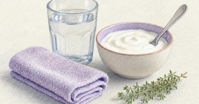 Still life of a glass of water, folded cotton towel, and bowl of plain yogurt on linen