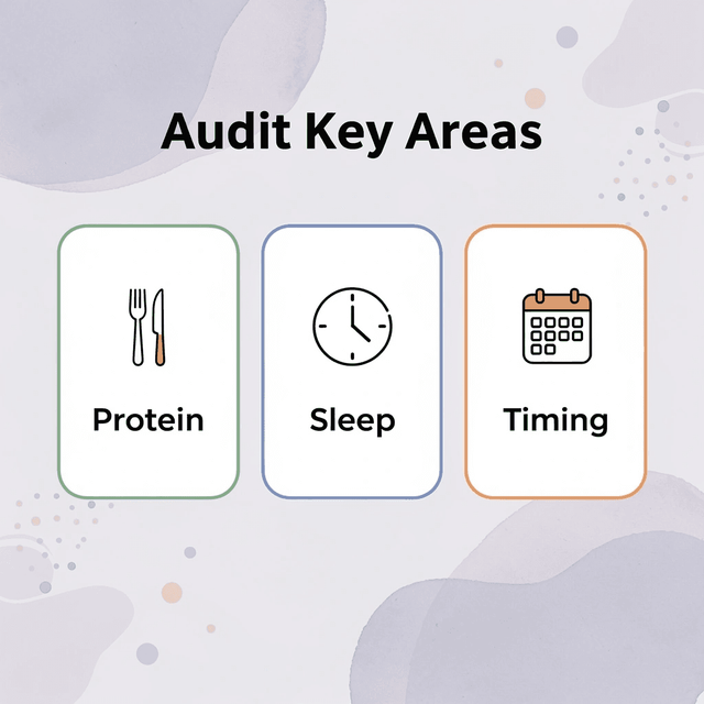 Infographic showing three key areas to audit: protein intake, sleep quality, and meal timing
