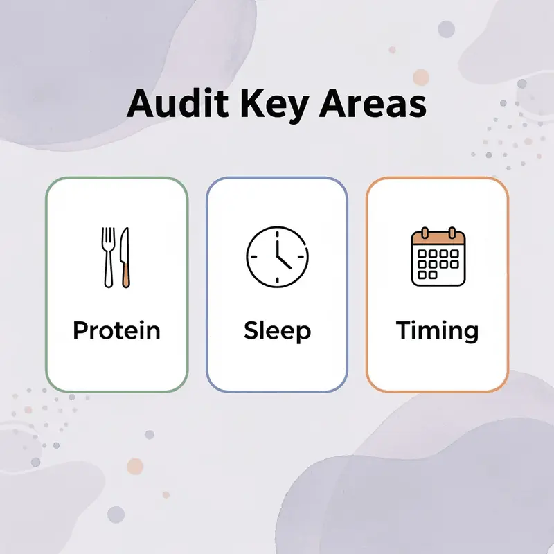 Infographic showing three key areas to audit: protein intake, sleep quality, and meal timing