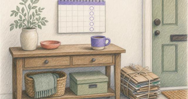 Front-hall console with a calendar day circled, coffee, and recycling by the door