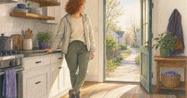 A person pausing at a sunlit kitchen counter in walking shoes, looking toward the open door