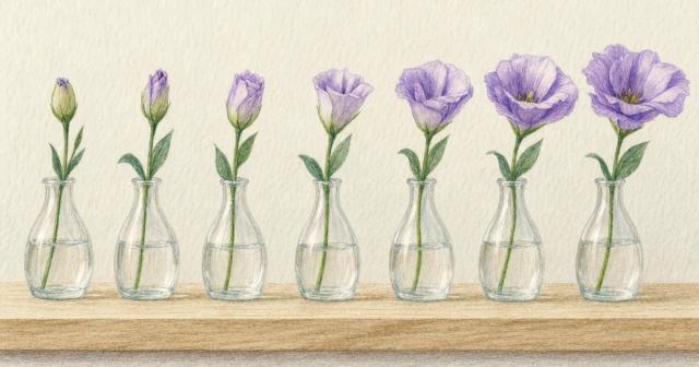 Row of seven small glass vases on a shelf, each sprig slightly more open than the last