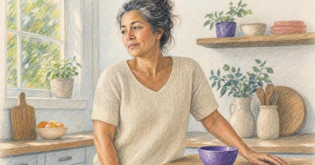 Woman pausing wearily at a sunlit kitchen counter, hand resting