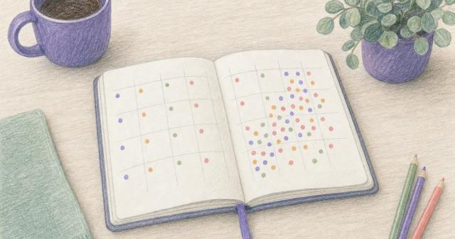 Open journal with rows of small dots forming a subtle weekly pattern