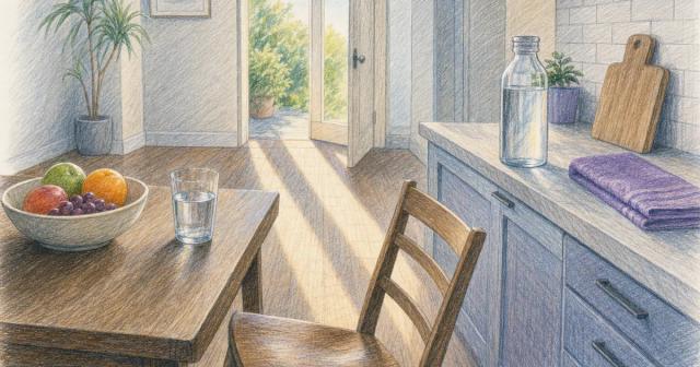 Empty dawn kitchen with a chair pushed back, a full water glass, fruit bowl and filled bottle on the counter