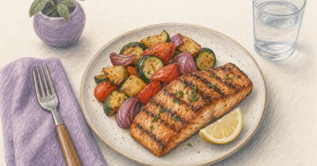 A light early-evening plate of fish and roasted vegetables on a table