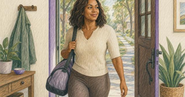 Woman with a gym bag stepping out her doorway toward a sunlit path