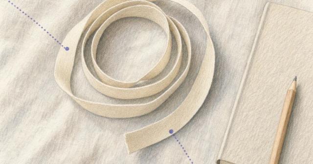 Overhead still life of a coiled unmarked cloth tape with soft dotted markers and a blank notebook