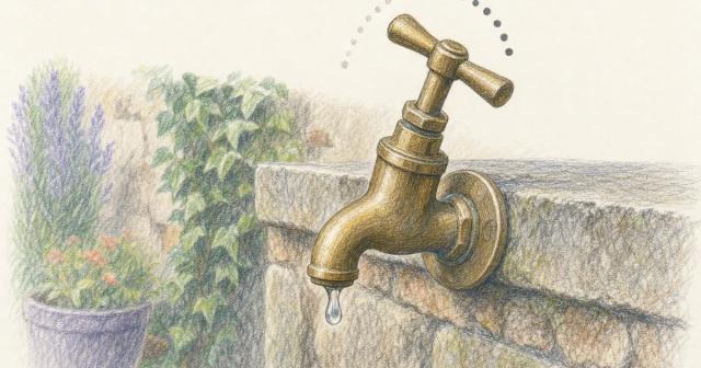 Brass valve tap turned partway open with one water drop at the spout